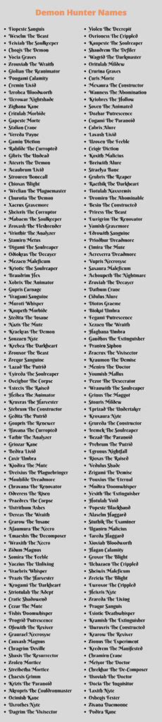 Demon hunter name generator - Warrior nickname & epithet name generator. This name generator will give you 10 random nicknames or epithets for all sorts of warriors, ranging from savage barbarians to cunning rogues. Many nicknames will generally fit a specific range of warriors, but there's plenty to pick so there's something for anybody. I've focused on two types of names ...